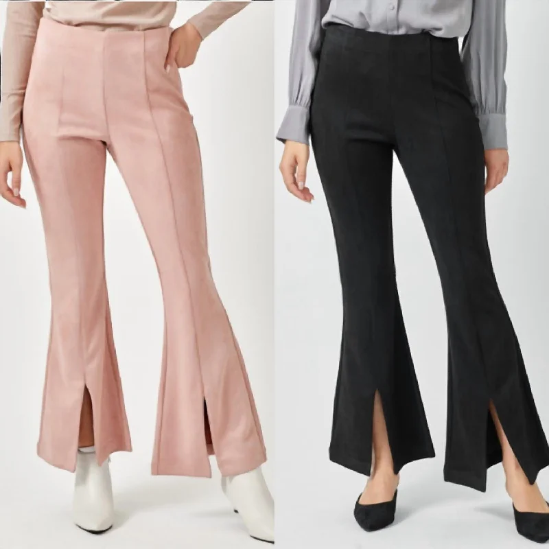 Suede Flare Front Slit Pants In Pink