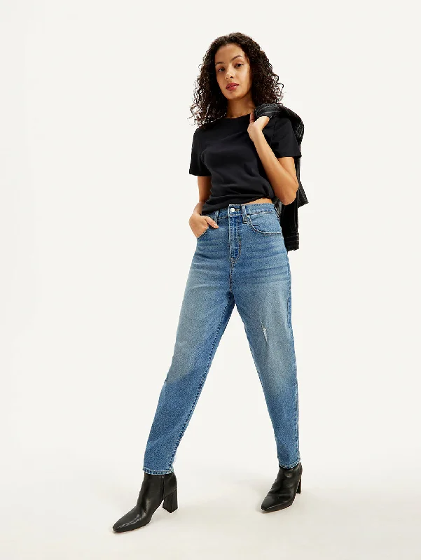 Women's High Rise Loose Taper Fit Blue Jeans