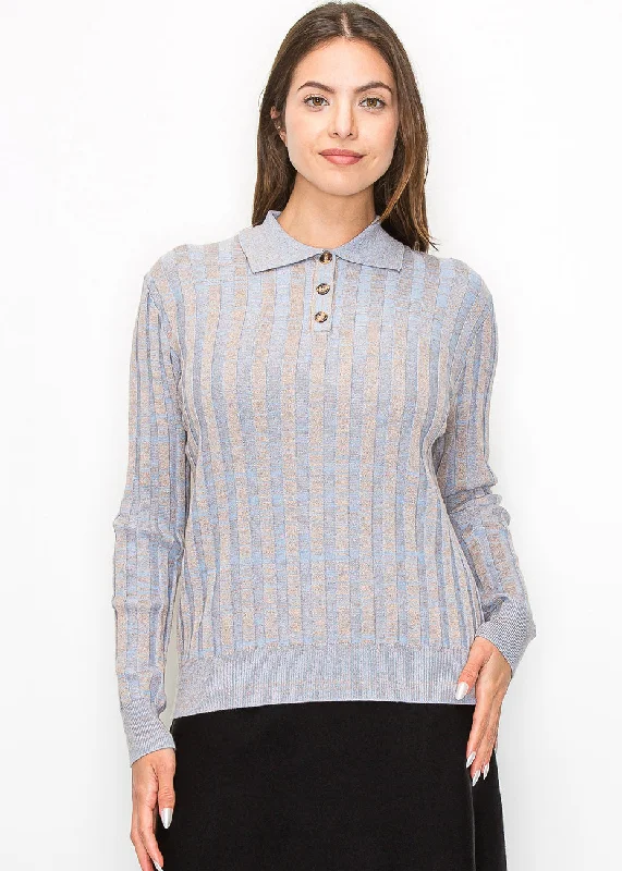 Blue Striped Knit Polo Sweater