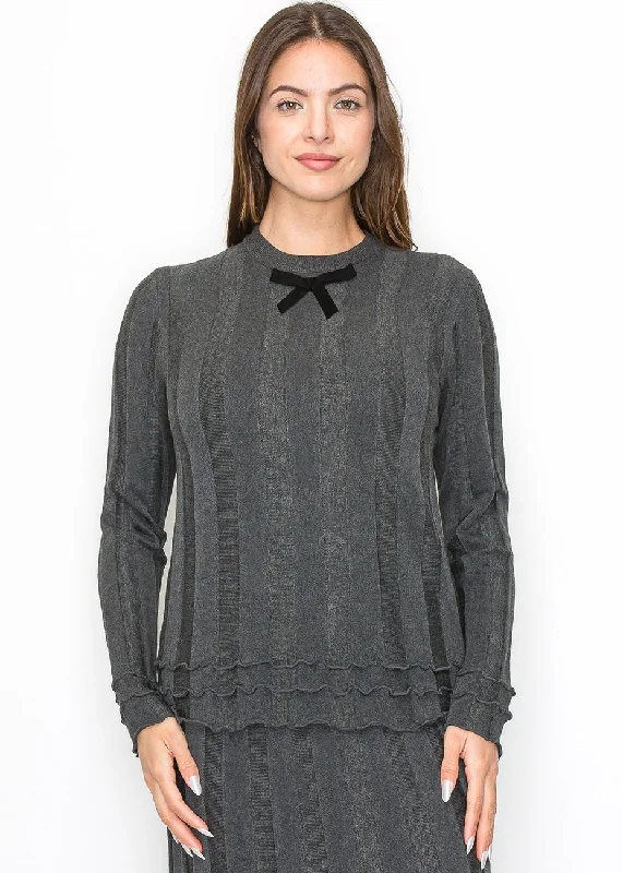 Grey Ribbed Knit Top with Bow Detail