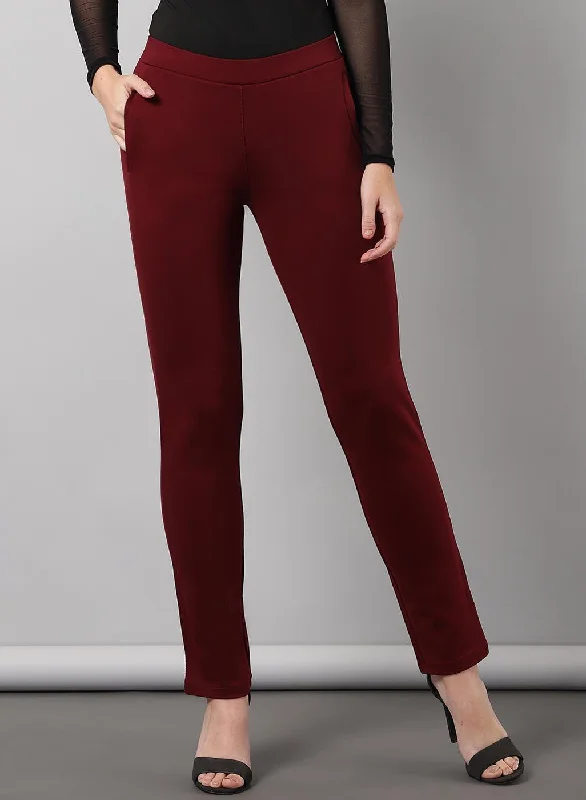 Liah Maroon Straight Fit Trousers for Women