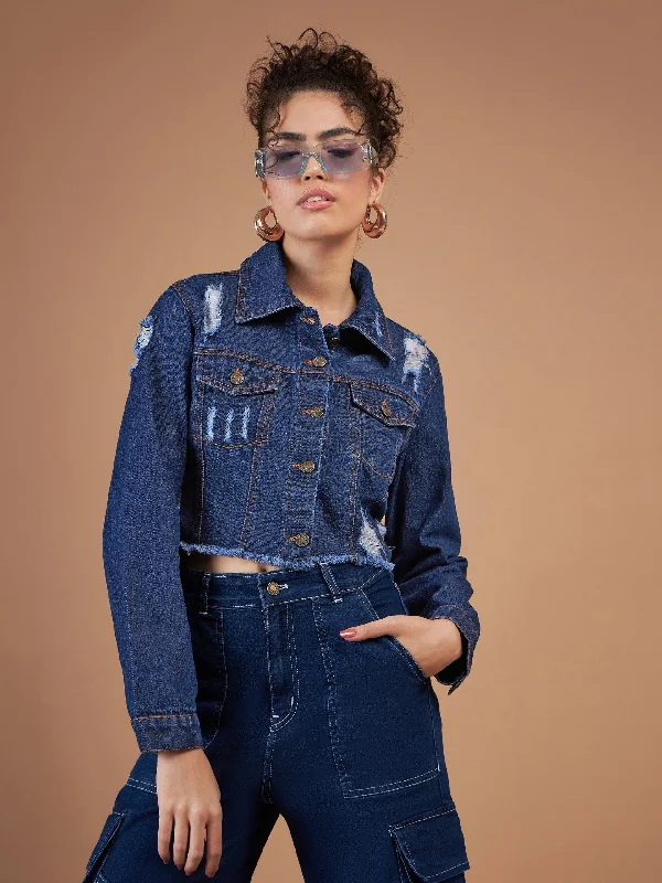 Women Navy Distressed Denim Crop Jacket