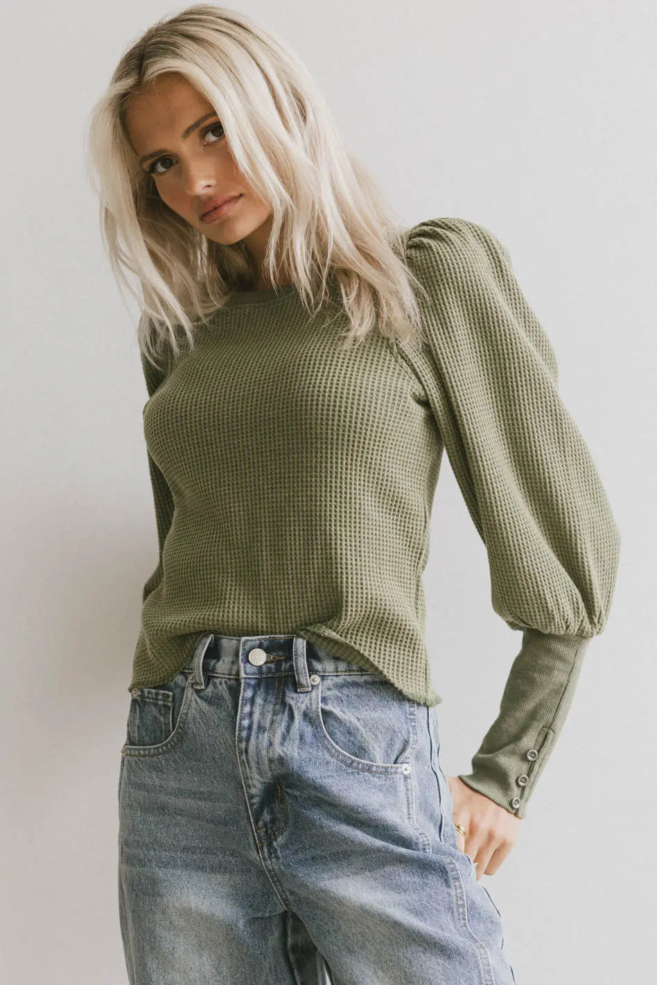 Lettie Waffle Knit Top in Olive