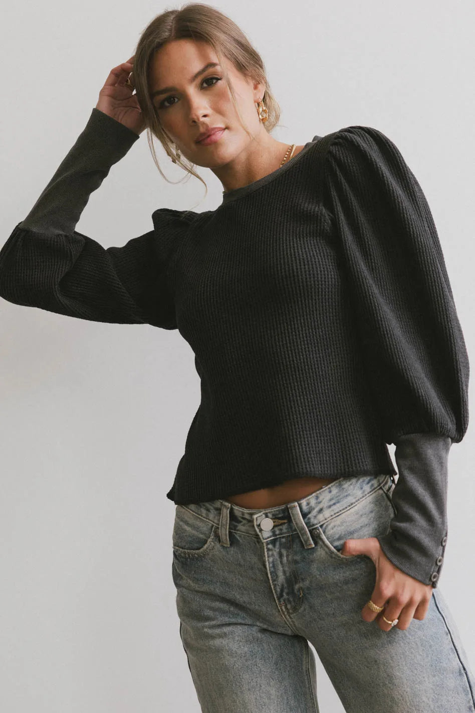 Lettie Waffle Knit Top in Black